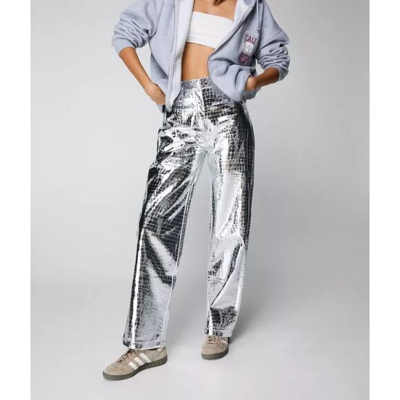 NWT NASTY GAL Premium Metallic Silver Croc Straight Leg Trousers 10 - Picture 1 of 5